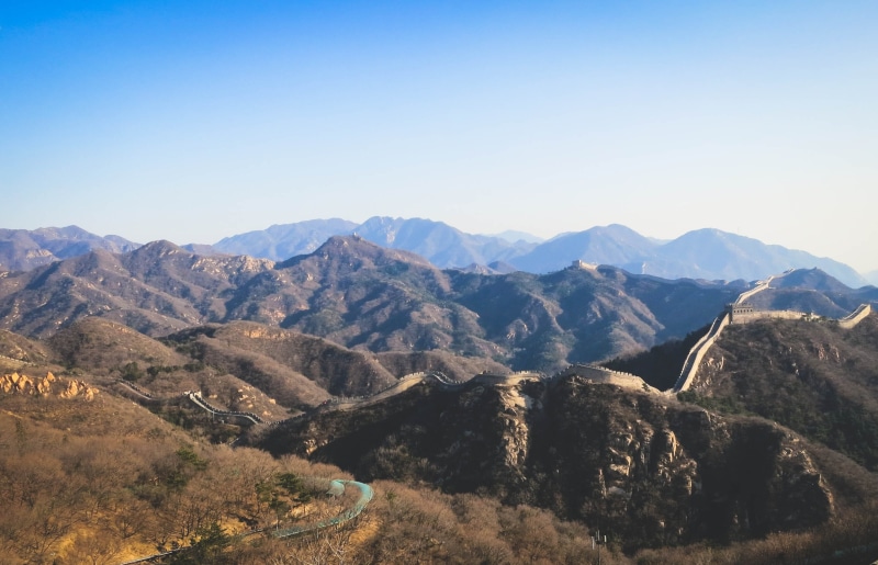 no people, remote, sky, outdoors, mountain peak, mountain range, 2K, tranquil scene, clear sky, tranquility, scenics - nature, arid climate, great wall of china