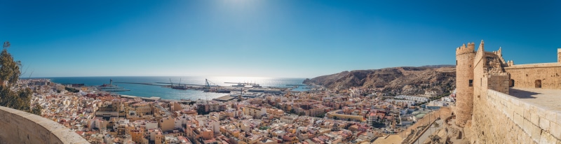 alcazaba, water, nautical vessel, historic, sea, land, nature, 8K, travel destinations, sky, almeria, travel, beach, architecture, panorama, ocean, scenics - nature