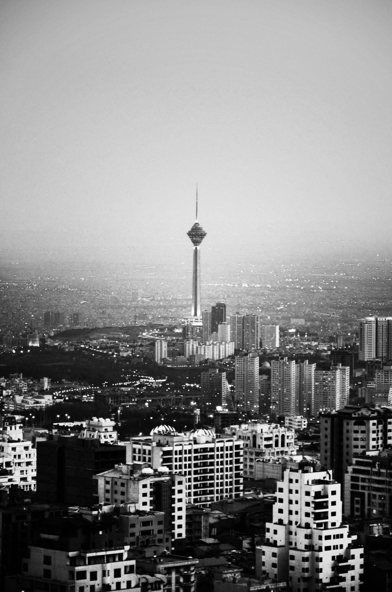 outdoors, city life, tall - high, photography, grayscale, Milad Tower, high angle view, sky, building, architecture, modern, residential district, financial district