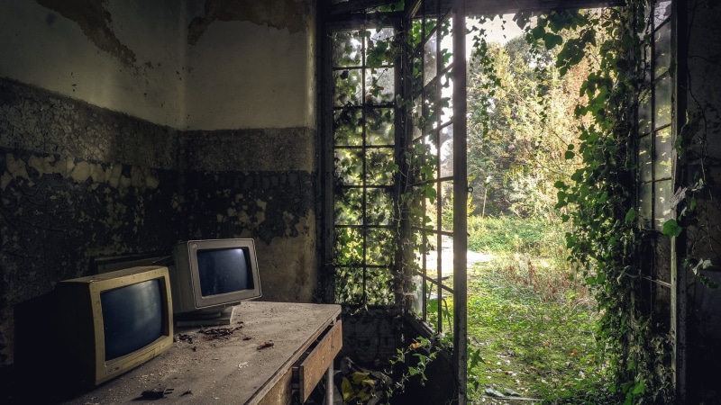 architecture, window, tree, nature, no people, deterioration, computer, building, 1080P, run-down, damaged, monitors, ruined, obsolete, gray, home interior