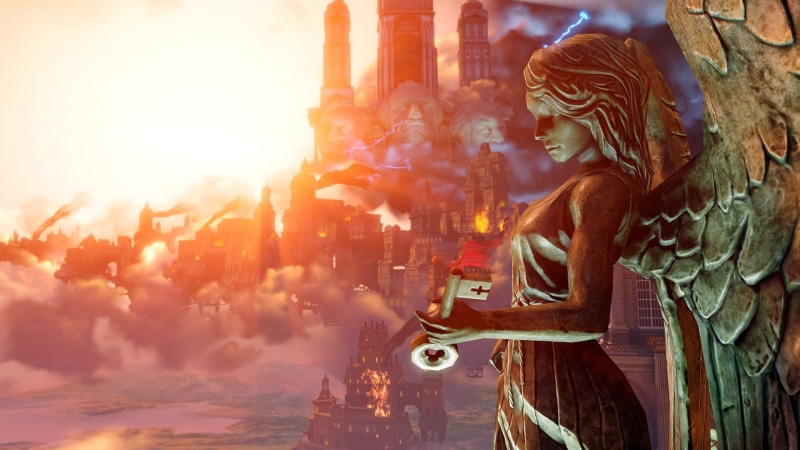 sky, male likeness, belief, digital composite, creativity, digital, no people, Columbia (Bioshock), place of worship, floating island, day, 1080P, representation