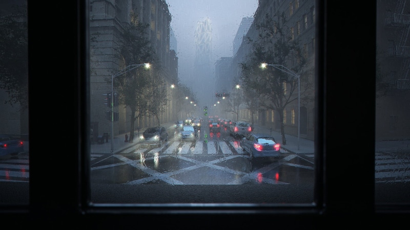 rain, window, mode of transportation, land vehicle, street, car, medium group of people, computer, gray, glass - material, group of people, illuminated