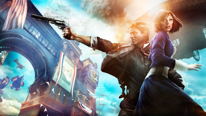 cyan, adult, purple, city, architecture, human arm, happiness, women, video games, pistol, wearing, cheerful, people, two people, 1080P, sunlight, couple - relationship