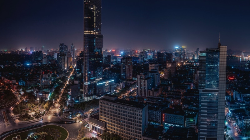 night, downtown, 4K, tower, sky, tower block, nanjing, metropolis, china, city, asia, building, dusk, landmark, cityscape, skyscraper, skyline, city lights
