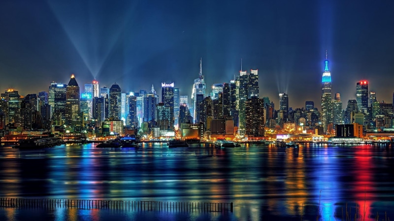 skyscrapers, tower, america, harbor, dusk, lights, river, waterfront, building, travel, sky, cityscape, metropolis, architecture, downtown, office, bridge