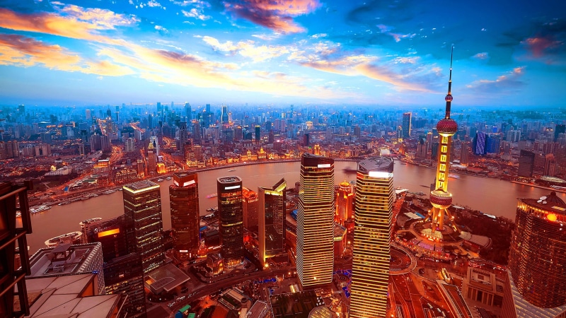 metropolitan area, china, building, built structure, landmark, dusk, tall - high, city, financial district, travel destinations, illuminated, tower, asia