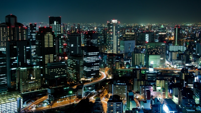 illuminated, japan, urban skyline, downtown, cityscape, high angle view, tower block, asia, city, metropolis, sky, city lights, osaka, night, nightlife