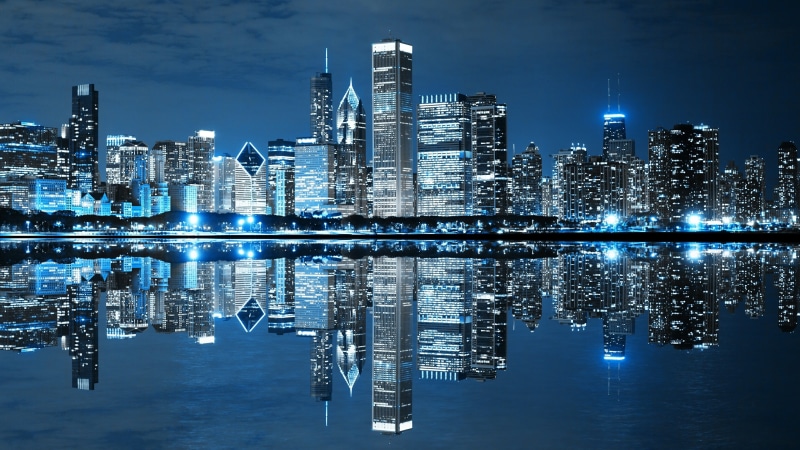 blue cityscape, night, lake michigan, lake, city lights, downtown, water, sky, landmark, skyline, city, skyscraper, chicago, cityscape, blue landscape
