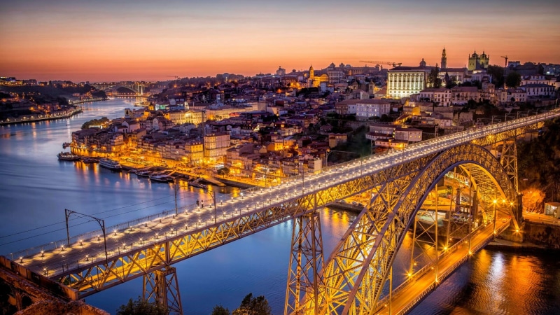nature, city, transportation, porto, bridge - man made structure, no people, illuminated, bridge, 1080P, skyline, skyscraper, illuminating, water, arch bridge