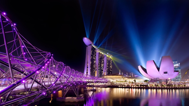 city lights, reflection, helix bridge , cityscape, purple, night, landmark, metropolis, tourist attraction, marina bay, city, asia, 4K, purple lights