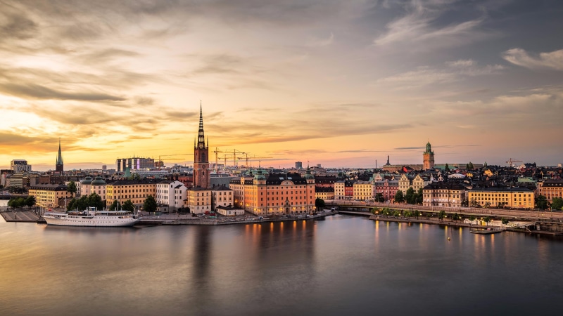 europe, evening, 4K, cityscape, dusk, skyline, sweden, gamla stan, urban area, reflection, sky, sunset, landmark, stockholm, cloud, city