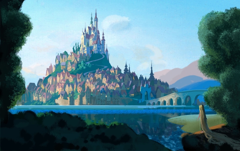 building, panoramic, 2K, outdoors, cathedral, landscape, water, figure, reflection, plant, sky, cityscape, cartoon, old, Walt Disney, scenics