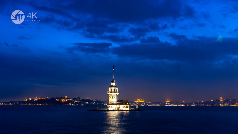 mosque, Kiz Kulesi, city lights, clouds, capital, Turkey, Maidens Tower, 2K, Istanbul