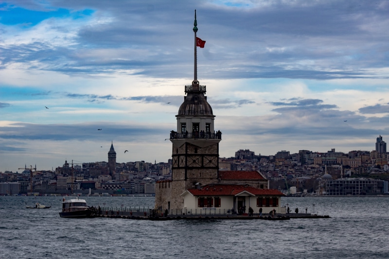 city, river, maidens tower kiz kulesi, wave, surfing, the past, tropical, sunset, history, outdoors, travel, rock, turkey, landscape, building, 5K, beach