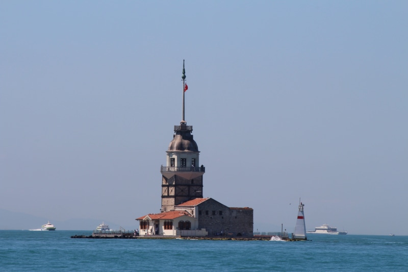 water, sailboat, landscape, guidance, sky, day, turkey, 5K, architecture, outdoors, maidens tower kiz kulesi, transportation, nautical vessel, built structure