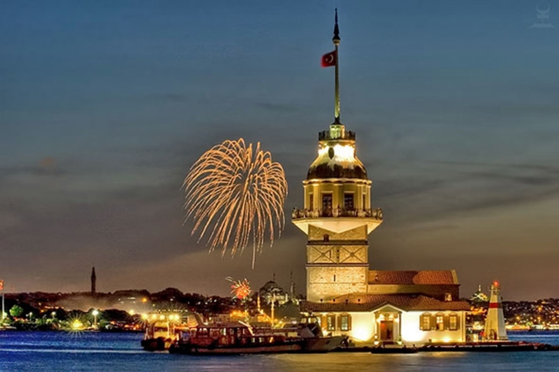outdoors, cityscape, city, built structure, mosque, s, architecture, water, travel destinations, maidens tower kiz kulesi, havaii fireworks, dusk, government