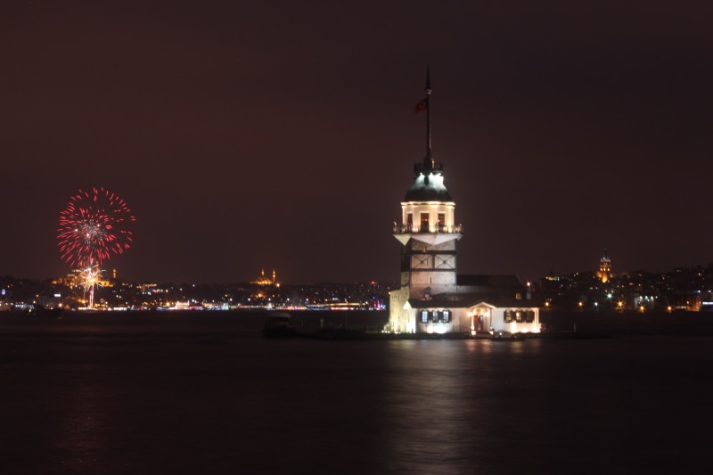 reflection, istanbul, skyscraper, maidens tower kiz kulesi, sky, no people, brooch is, ship, landscape, blue, posph is, distance, motion, turkey, maiden