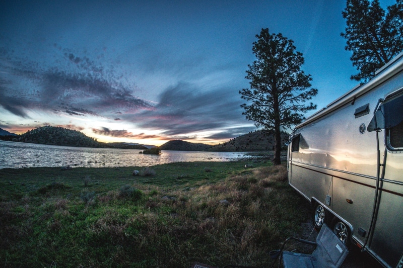 airstream, train, camping, land, near, tree, water, lake shastina, train - vehicle, land vehicle, sunset, outdoors, travel, california, body, trees, beauty in nature