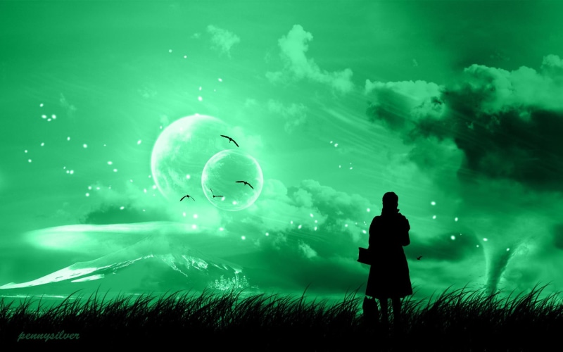 magical, d, 1080P, fantasy, green, clouds, travel, moon, emerald, 3d and abstract, city, animation, sky