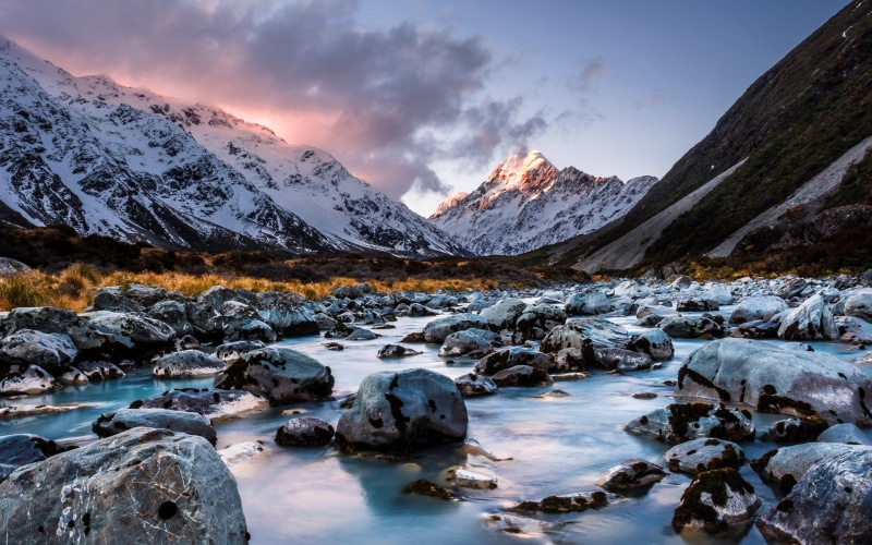 snowcapped mountain, travel, cloud - sky, sky, tranquil scene, scenics - nature, flowing water, south, new, mountain peak, nature, beauty in nature, water