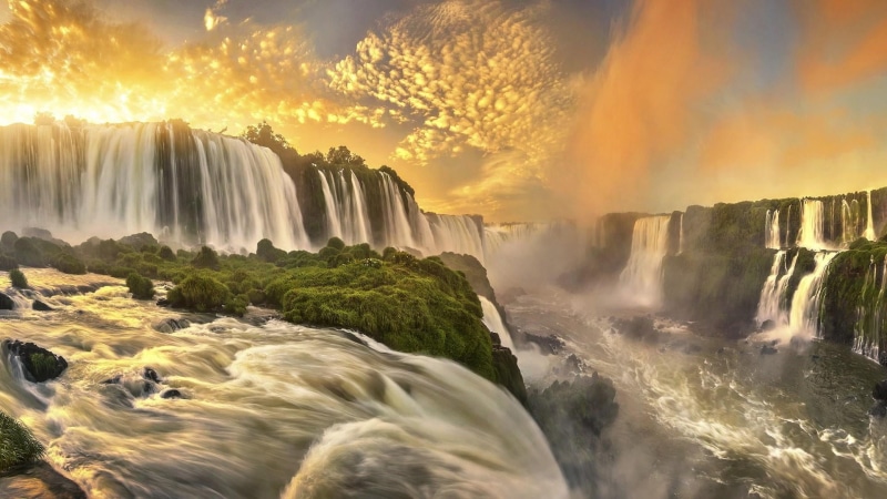 tourism, water resources, tourist attraction, sunlight, iguazu national park, environment, flowing, cloud - sky, watercourse, plant, chute, fog, scenics - nature