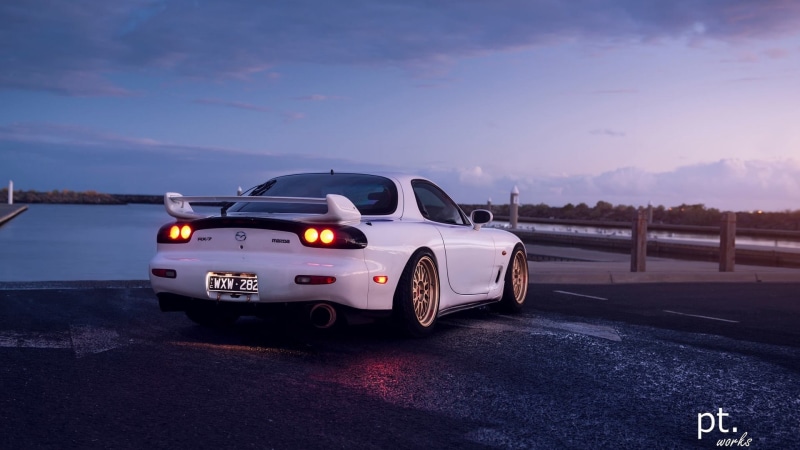 white cars, 1080P, sky, car, water, Japanese cars, Mazda RX-7, Mazda, boat, vehicle, clouds, JDM, Mazda RX-7 FD