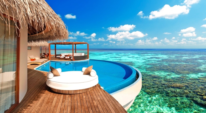 Vacation, bungalows, day, Dream, scenics - nature, Summertime, cloud - sky, Luxury, maldives, Water Bungalows, Exotic, land, brown, Ocean, horizon, Sand
