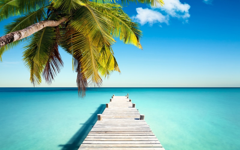 island, beach, blue, Sea, tropical, pier, summer, sun, 2K, paradise, palm, emerald, Ocean, sand, vacation, coast