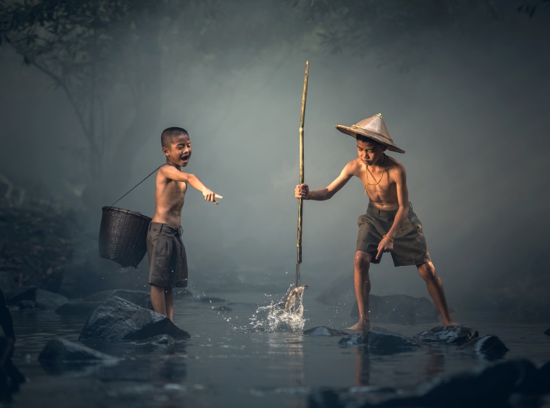togetherness, River, People, Thailand, Boys, child, lifestyles, Steam, Children, catching, Young, Vacation, childhood, Nature, kids, holding, pre-adolescent child