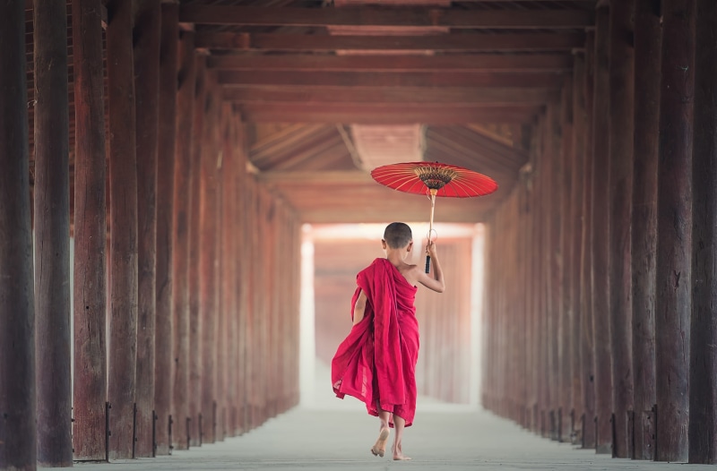 standing, maroon, holding, tourism, architectural column, Monk, clothing, Dharma, architecture, spiritual, Monastery, built structure, walking, child, 2K