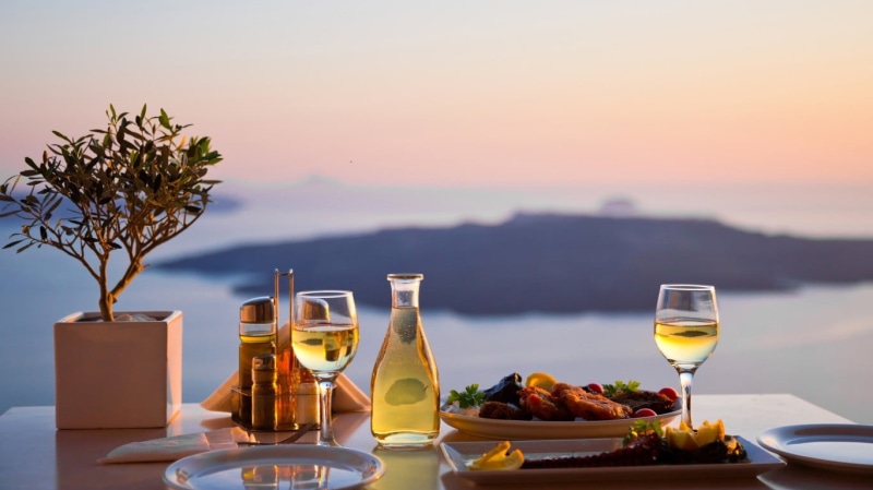 outdoor, table, landscape, restaurant, still life, luxury, paprika (spice), refreshment, alcohol, wineglass, bottles, blurred, food, plates, glass, glasses