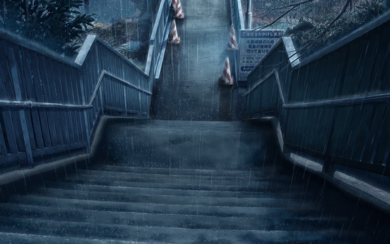 staircase, absence, wall - building feature, railing, 1080P, built structure, indoors, direction, illustration, night, outdoor, low angle view, rain, architecture