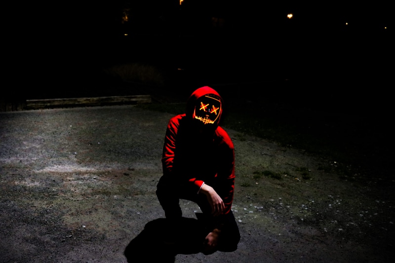 wearing, man, hood - clothing, marshmello, outdoors, looking at camera, clothing, childhood, hoodie, child, men, full length, boys, skull, street, real people