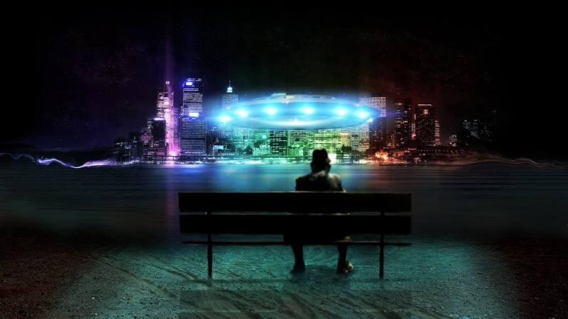 sitting, lifestyles, rear view, night, digital art, real people, nightlife, 1080P, architecture, landscape, nature, illuminated, city life, building exterior