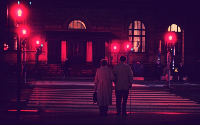 built structure, lighting equipment, street, night, black, street light, couple - relationship, rear view, architecture, red, full length, photography