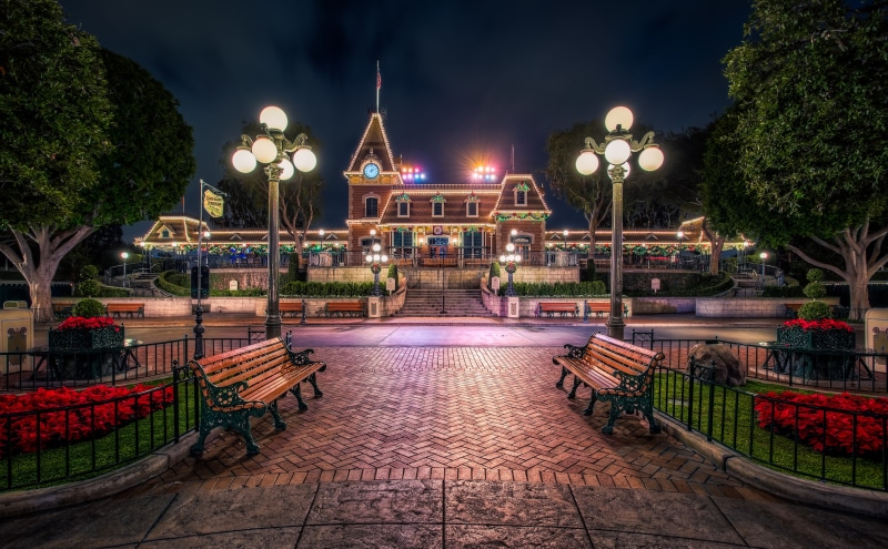 travel destinations, place of worship, Railway, street, street light, nature, steamengine, Trains, architecture, illuminated, tree, plant, Train, Disneyland