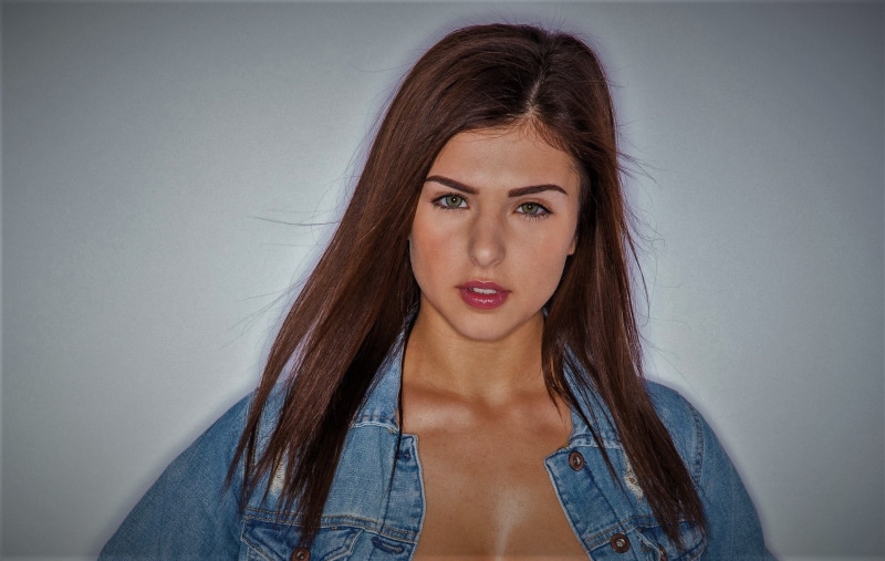 1080P, long hair, face, women, jeans jacket, green eyes, Leah Gotti, model, straight hair