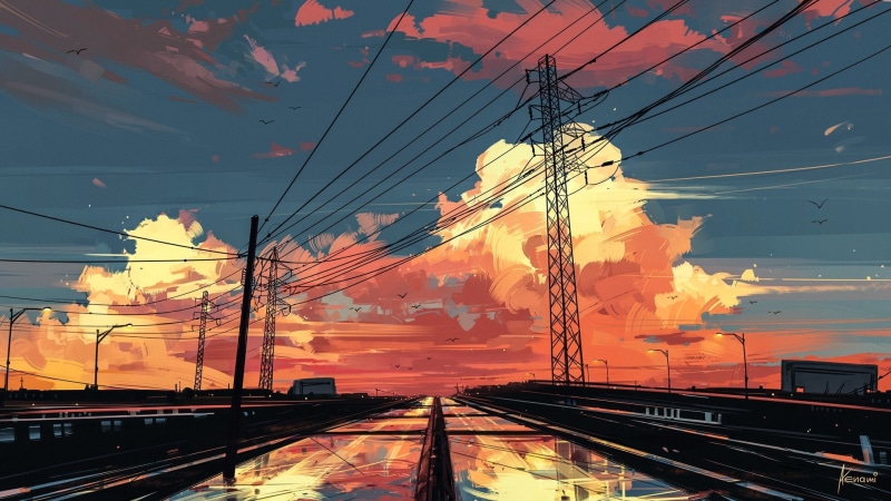 mode of transportation, orange color, architecture, cloud - sky, electricity pylon, connection, complexity, anime landscape, transportation, no people