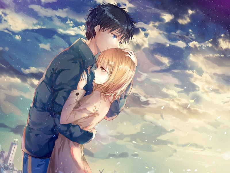 leisure activity, 1080P, bonding, three quarter length, young women, anime couple, scenic, cloud - sky, hug, hairstyle, positive emotion, water, people