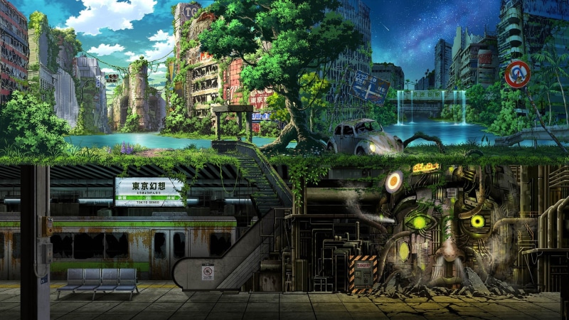 architecture, scenic, railing, nature, plant, transportation, green, underground, 1080P, anime apocalypse, Anime, ruins, canal, city, residential district