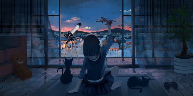 Anime, scenic, back view, anime girl, cats, sky, teddy bear, cityscape, telescope, 1080P
