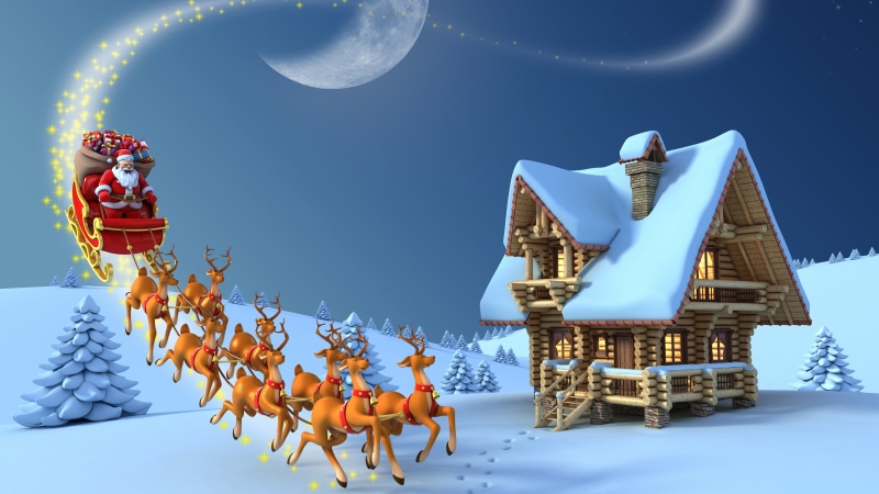 log cabin, christmas night, 5K, winter, wooden house, santa claus, xmas, illustration, christmas, santa sleigh, night, carriage, sleigh