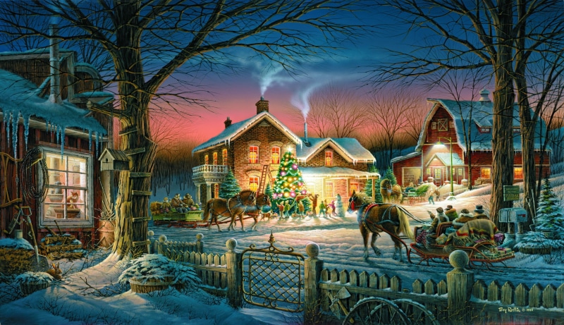 outdoors, christmas, snow, cold temperature, dusk, bare tree, sky, nature, building, tree, night, decoration, plant, boundary, painting, built structure