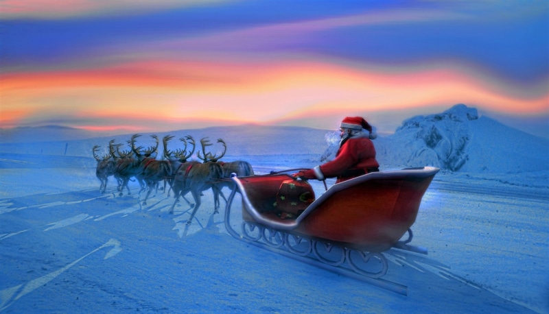 activity, Reindeer, Holiday, dusk, Snow, mature adult, adult, sunset, one person, Santa, vacations, 1080P, Christmas, mode of transportation, men, sky