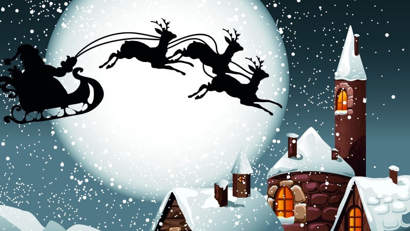 sledge, winter, graphics, santa sledge, illustration, full moon, reindeer sleigh, 4K, snow, roofs, reindeer, sleigh, night, santa claus, moon, snowy, snowing