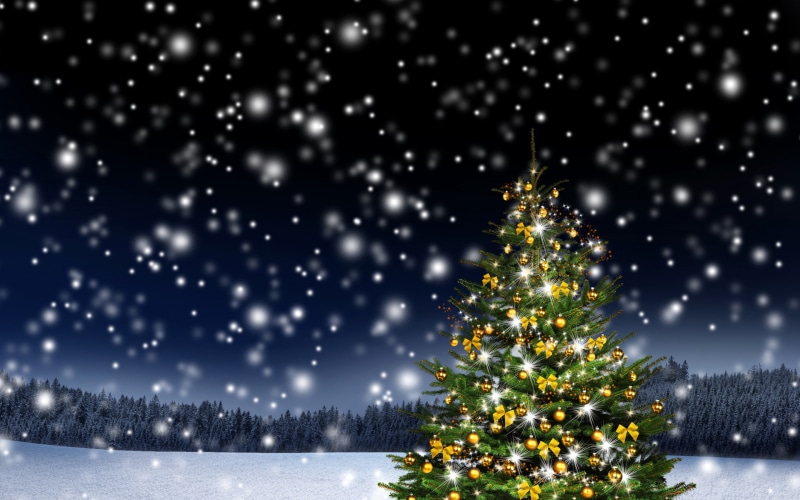 lights, toys, meadow, snowflakes, ornaments, snow, balls, holiday, year, nature, ribbons, New Year, yellow, forest, green, trees, night, 2K, winter, tree