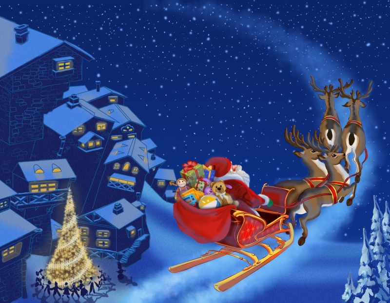 night, vector, moon, new year, house, fun, blue background, blue, backgrounds, deer, Santa Claus is coming, snow, holiday, season, celebration