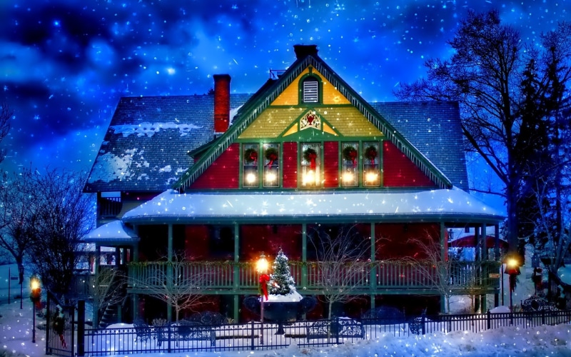 New, Evening, yellow, Year, red, Snow, Lights, Trees, blue, Winter, House, 1080P, Christmas