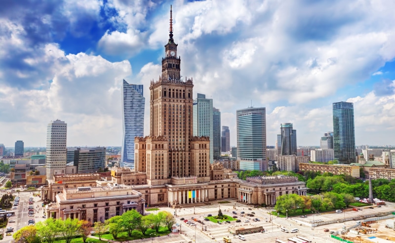 science, city, Poland, palace, tourism, sky, modern, financial district, office building exterior, rise, building, outdoors, day, culture, tower, beige