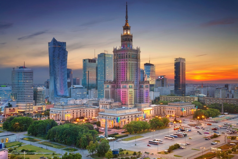 skyscraper, sky, outdoors, financial district, 1080P, Warsaw, center, city, tower, high angle view, tall - high, cityscape, The Palace of culture and science